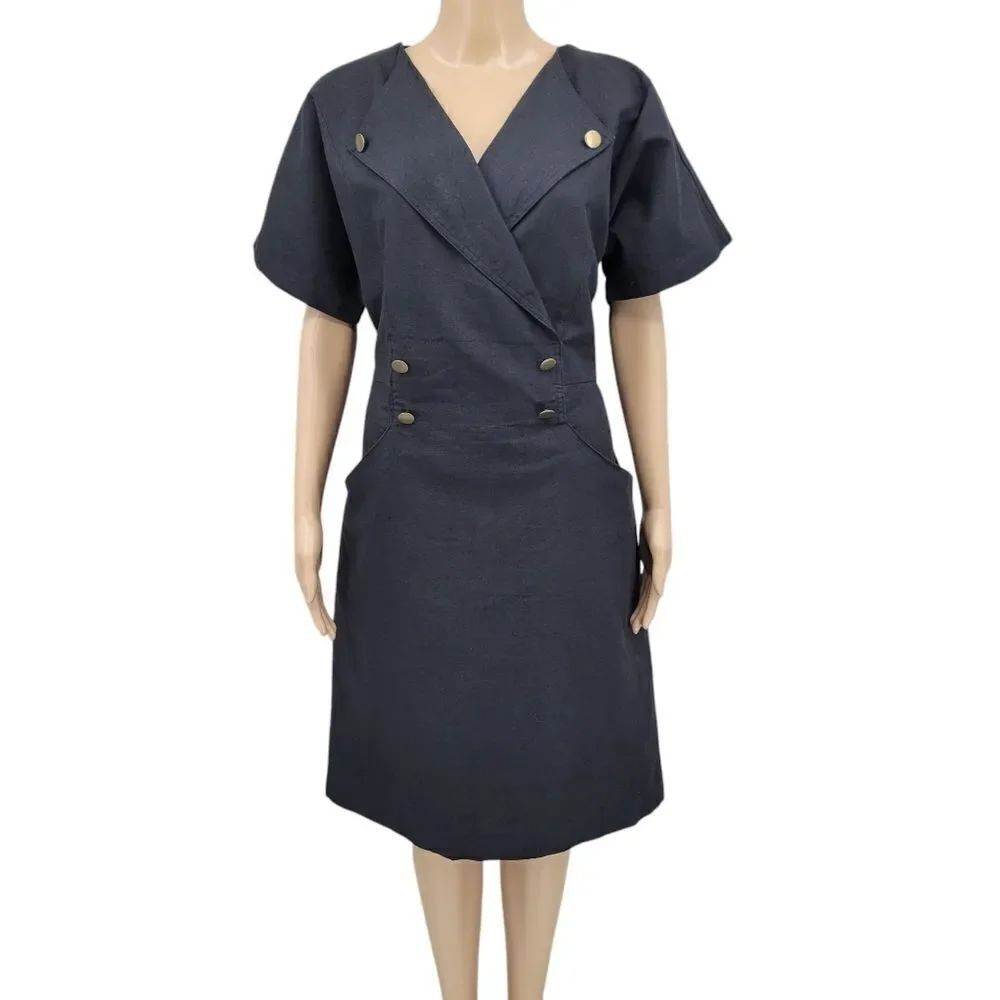 Jennifer Eden Vintage Black Cotton Blend Canvas Double Breasted Midi Dress